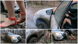 Sexy girl got her SUV Nissan hard stuck in deep mud in the forest