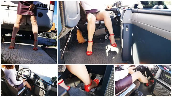 Sexy girl revs bus hard and punishes somebody behind the pipe with dirty exhaust smoke