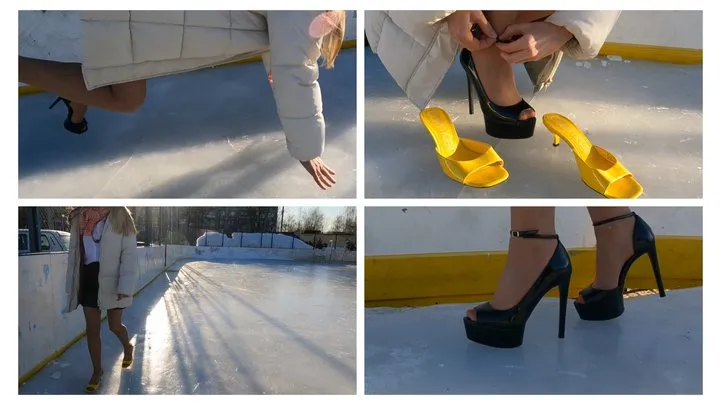 PREMIERE: Emily walks on sexy high heels on very slippery ice and fells very painfully