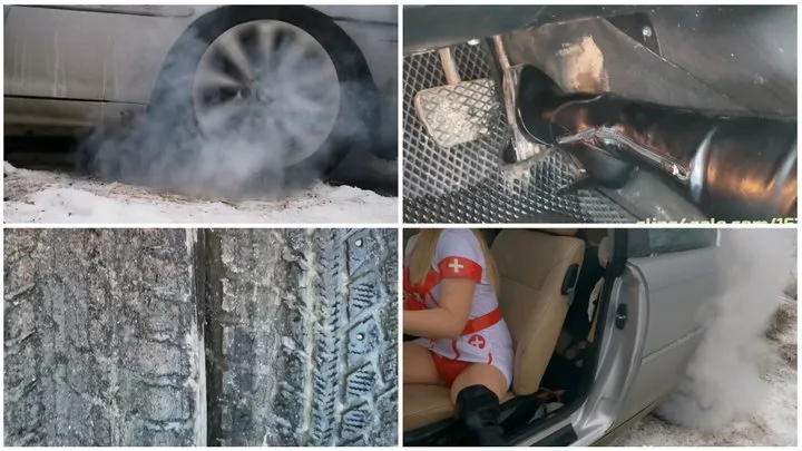 HOT UPSKIRT PREMIERE: Sexy nurse makes extremely hard burnouts and totally crushes new tires