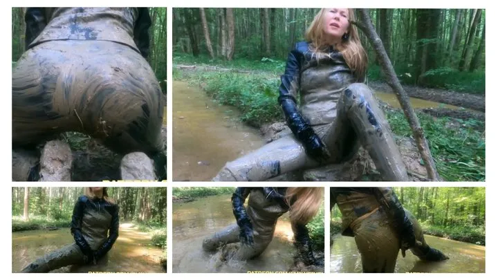 MUDDY PREMIERE: All leather clothes stuck in deep soft mud with masturbation till strong orgasm