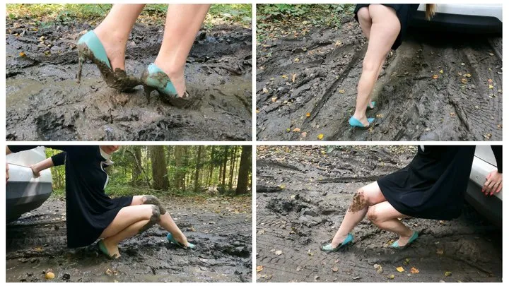 SEXY PREMIERE: Barefoot car pushing in deep soft mud