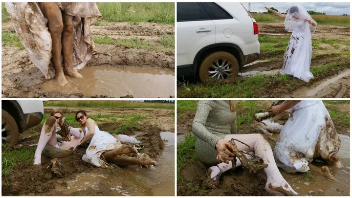 EXCLUSIVE PREMIERE: HORNY GIRLS get car stuck in deep mud on the way to get married