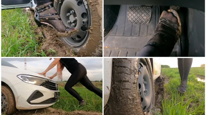 SEXY PREMIERE: Julia stuck hard in deep mud - crazy spinning wheels