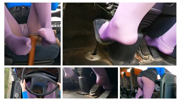 VIOLET PANTYHOSE DAY: Pedal pumping, smelly opaque pantyhose and footjob in old bus Mercedes-Benz