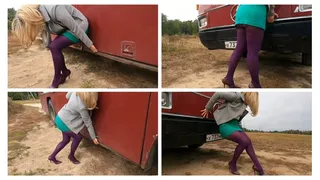 VIOLET PANTYHOSE DAY: Strong girl pushes a heavy bus