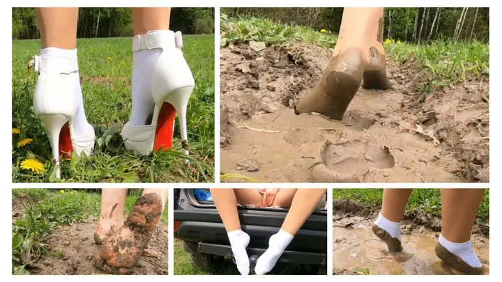 Emily is walking in deep soft mud in sexy socks, pantyhose and barefoot