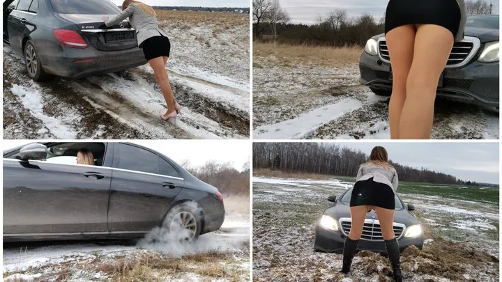 EXCLUSIVE: Russian girl makes crazy drift, hard revving & got hard stuck in mud and snow in luxury Mercedes E-class