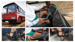 Sexy girl drives Mercedes bus in Christian Louboutin high heels