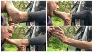 Happy taxi driver sniffs and licks Emily's stinky nylon ped socks