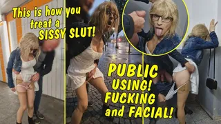 This is how you treat a sissy slut! Guy uses tranny brutally in public and cums on her face!