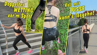 Double wetting during sports!! Tranny is jogging in public full of piss!