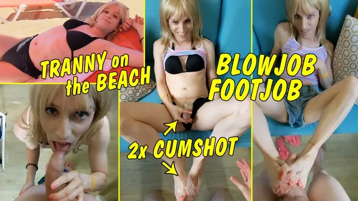 Sex with Tranny after the beach! Blowjob, footjob and double cumshot!!