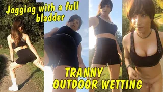 Jogging with a full bladder! Great tranny wetting with a huge beam straight down!