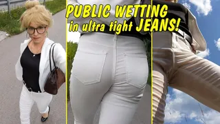 Tranny Walk & Wetting in hot white jeans !! Pissed in in public!