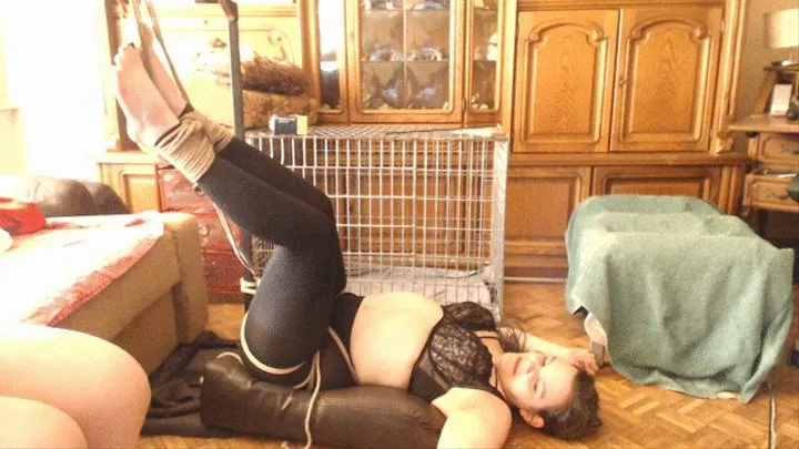 Lady Shibari half-suspended by her ankles and tickled, blowing raspberries on her belly, leggings