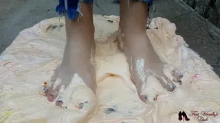 Barefoot stuck in fluffy melted marshmallows