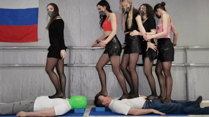 Multitrampling training #33 (Part 1): new girls coming & pantyhose trampling & tiptoe dancing on men