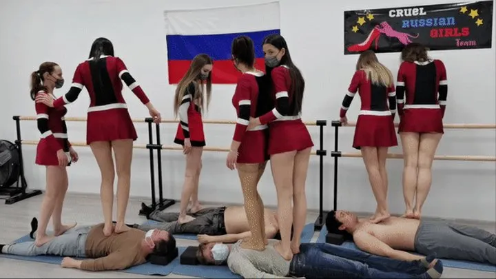 Moscow multitrampling contest #40 (Part 1): men trampled by young cheerleaders & fierce jumping & throatstanding