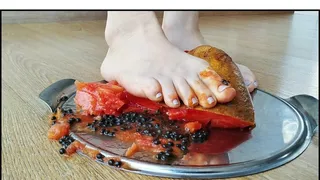 Crushing a papaya barefoot, an exotic afrodisiac caribbean fruit, and licking my feet clean
