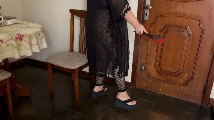 Juliette RJ SEXY SLAVE JOI fishnet stocking, wedge flip flops, transparent gown and Slave whip - JOI - LONG TOENAILS - JOI MOVES - HIGHLY ARCHED FEET - WEDGE FLIP FLOPS