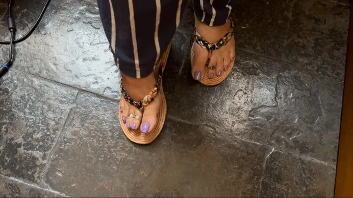 Juliette RJ Classic feet teasing wearing toe rings - PURPLE POLISH - LONG TOENAILS - HIGHLY ARCHED FEET - THICK LEGS - FLIP FLOPS