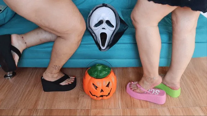 Juliette RJ and Dolce Amaran Dangling their wedge flip flops for Halloween - - FEET FETISH - DAGLING - BBW - FLIP FLOPS - LONG TOES - GODDESS