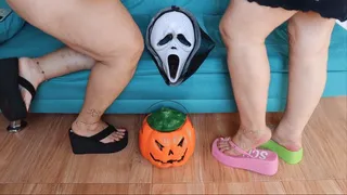 Juliette RJ and Dolce Amaran Dangling their wedge flip flops for Halloween - - FEET FETISH - DAGLING - BBW - FLIP FLOPS - LONG TOES - GODDESS