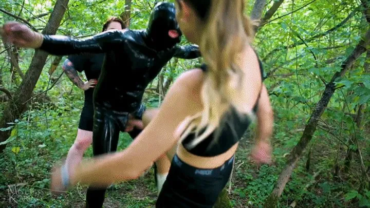 3 Dommes ballbusting CBT in the forest