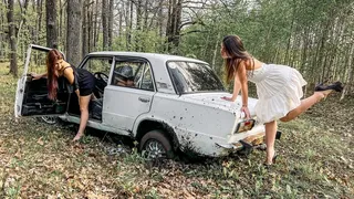 CAR STUCK Ellie and Anastasia are stuck in the forest in wet ground