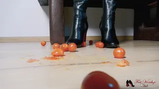 Crushing tomatoes in boots