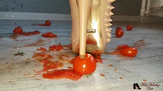 Crushing tomatoes in high heels and bare feet