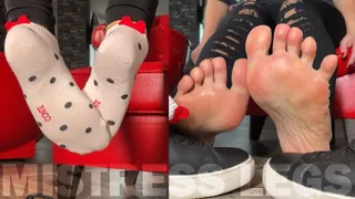 Mistress Legs plays with her feet in socks and barefoot under the table, foot tease closeup