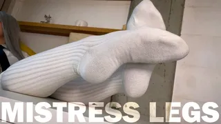 Goddess Foot Teasing In Cute White Knee Socks On The White Table