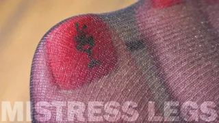 Enticing red toenails in black sheer nylon closeups