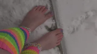 Snow Toes, Bare Foot, Toe Wiggling, Walking in the Snow, Foot Fetish, Snow Foot Prints, Red Cold toes, Leg warmers, Ankle BIracelets, Big Feet