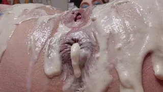 PanCake Batter Anal, messy, pan cake batter goozing out of ass hole, thickly spread all over my ass, anal fisting, anal fingering, wet and messy, front and back views, and some toy play, wisk fun