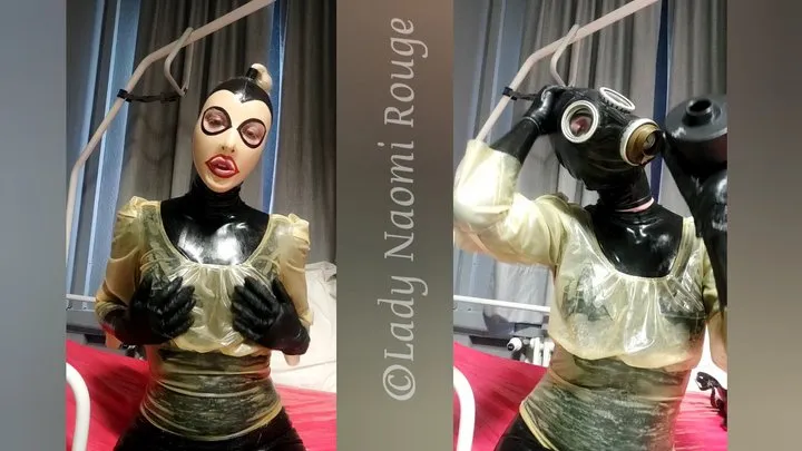 Latexlady Naomi Rouge tries on 5 gasmasks