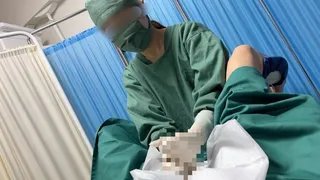 Mimi Asian gives a hand job and anal inspection of male genitalia in a surgical gown