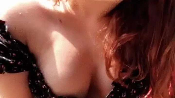 Gorgeous redhead bombshell Dulce Maria in sexy dress plays with vibrator outdoors