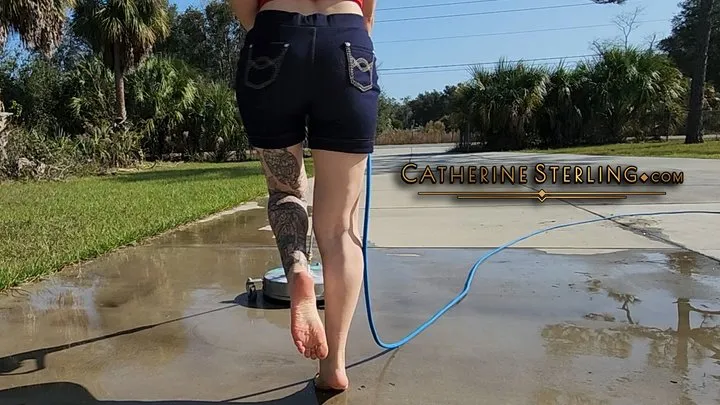 Barefoot Girl Catherine Sterling Pads Pretty Feet & Soft Soles on Rough Concrete while Power Washing in Denim Hotpants! High Definition