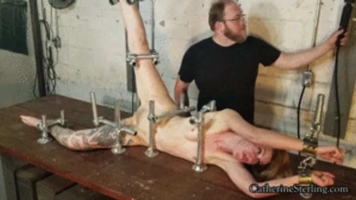 #0108 Slender Slave Girl Secured in Steel for Body (& Workbench!) Shaking Orgasms - Stuffed in All Three Holes!