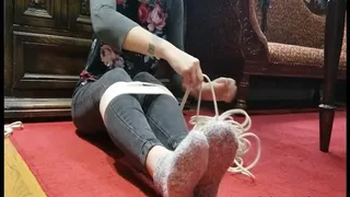 Self Bondage in Sneaker Socks and Jeans, Toes Tied, and Socked Soles Inspected in Close-UP POV! Video 0106 in format