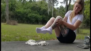 Taking a Break Outside, Catherine Sterling Slips off Sneakers for Socked Self Bondage Hogtie!