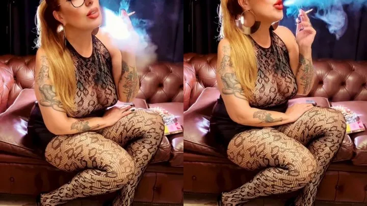 Cretec Cherry - Smoking in Leopard Bodystocking, Leather Mini Skirt, Mega High Heels and Ponytail