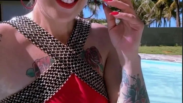 Red Marlboro 100s - Smoking in a prohibited area, at the hotel pool - Puffs in your face, Deep Inhales, Multiple pumps, Puffs, Swimsuit, Red lipstick, Long red nails, Tied up hair, Sunglasses