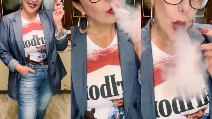 Red Marlboro - My Marlboro t-shirt - Puffs in your face, Multiple pumps, Dangling, Nose exhales, Deep Inhales, Smoke rings, Puffs, Cough, Crush, Blazer and jeans, high heels, tied hair, Red lipstick, Makeup, Long nails red