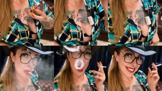 Custom - Marlboro Gold - Cowgirl smoking for her Cowboy - Puffs in your face, Deep Inhales, Multiple pumps, Nose exhales, Smoke rings, Crush, Hat, Plaid shirt, Jeans, Leather boots, Bra, Red lipstick, Long nails