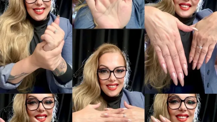 Hand worship - Beautiful and soft hands - Long hands, Long fingers, Palms of hands, Hands upside down, Applying cream on hands, Veins on hands, Long shiny nails, Long blonde hair, Heavy makeup, Glasses