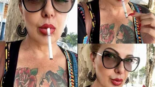 Winston 100s - Smoking quickly on the street - Deep Inhales, Double pumps, Smoker's cough, Crush, Red lipstick, Long red nails, All star converse silver leather sneakers, sunglasses